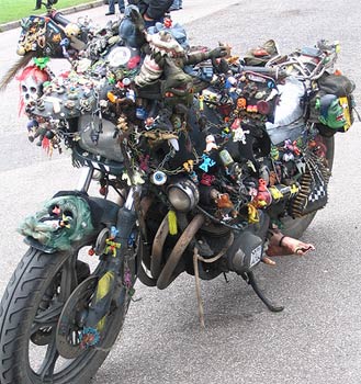 motorcycle covered in toys