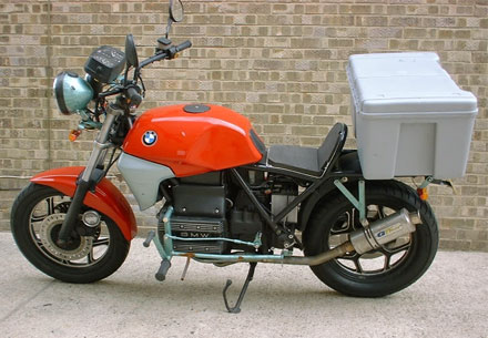 bright red bmw k75 with large top box